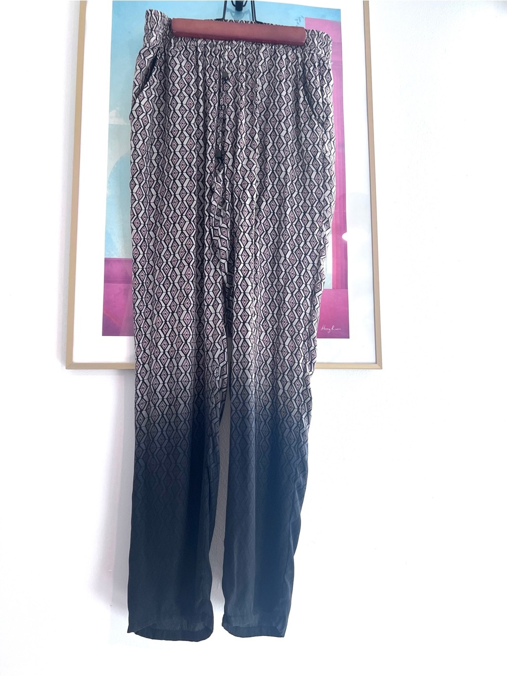 Addison 100% Silk Geometric Print Wide Leg Smocked Waist Ombre Pants Size S Smal
